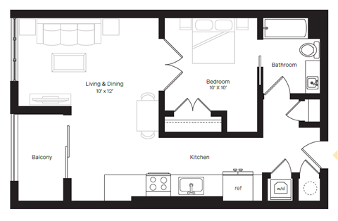 Floor plan for 1 bed, 1 bath, 649 sqft
